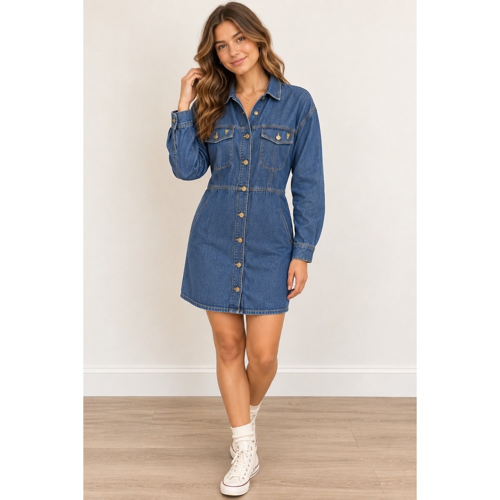 Frye Denim Shirt Dress Women XL Blue Long Sleeve Button Front Pockets 110041577